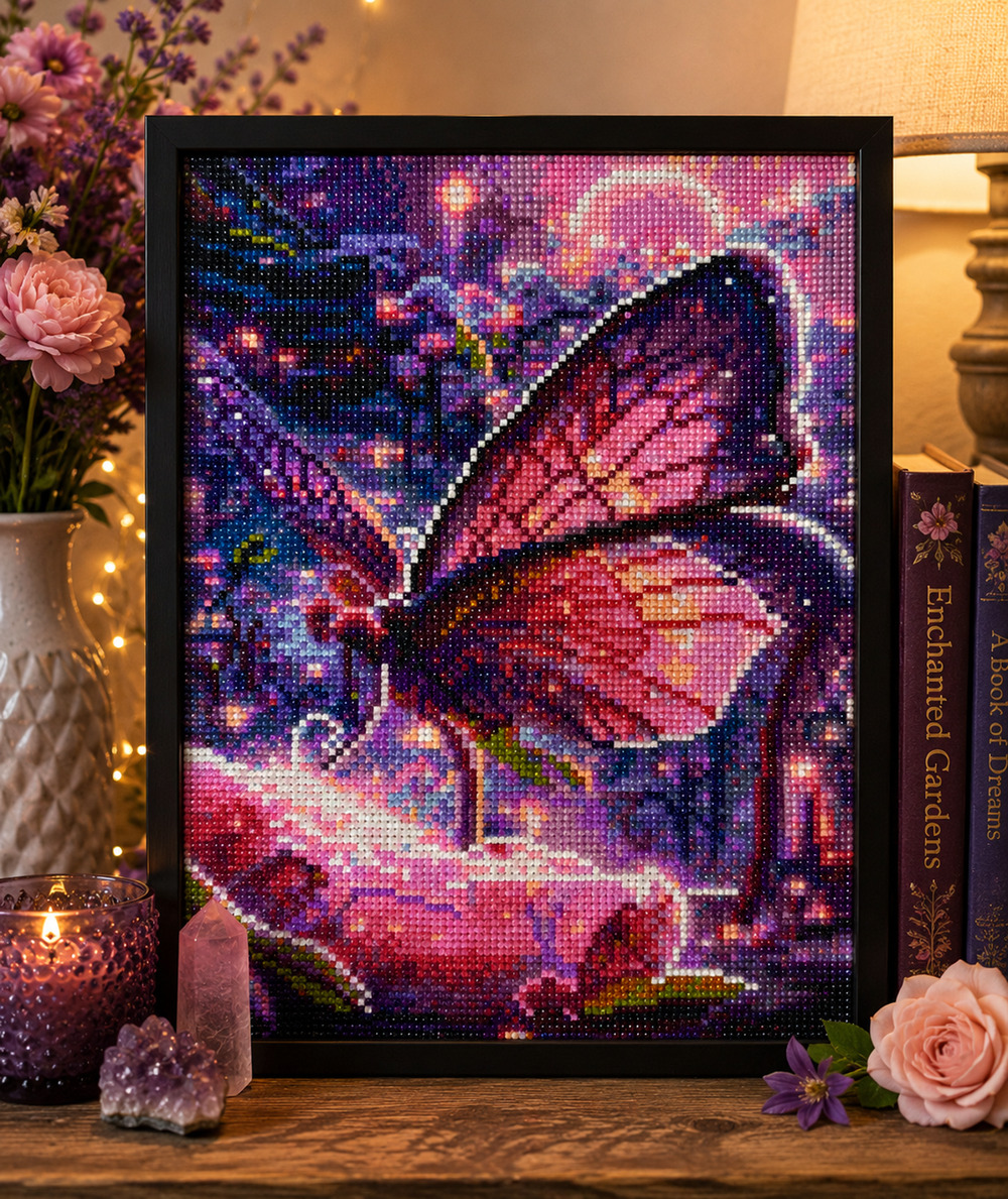 Completed Diamond Art Pink Purple Butterfly Fantasy Garden Wall Decor 12x16